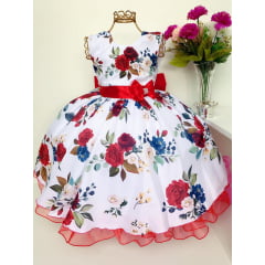 Vestido Infantil Branco Floral Vermelho Luxo Princesas