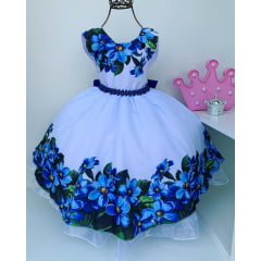 Vestido Infantil Brancos Flores Azul Luxo Princesa Festa