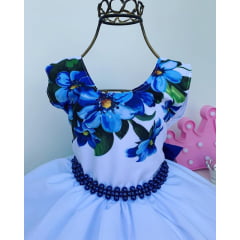 Vestido Infantil Brancos Flores Azul Luxo Princesa Festa
