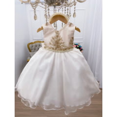 Vestido Infantil Marfim Renda Dourada Cinto Pérolas