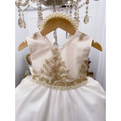 Vestido Infantil Marfim Renda Dourada Cinto Pérolas