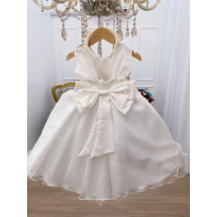 Vestido Infantil Marfim Renda Dourada Cinto Pérolas