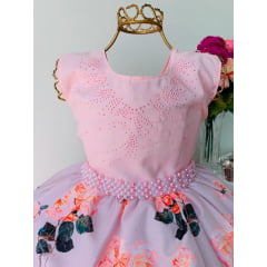 Vestido Infantil Rosa Floral Para Princesas de Luxo