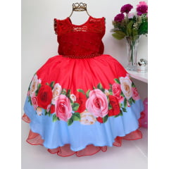 Vestido Infantil Vermelho Floral Aniversário Festas Luxo