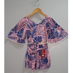 Conjunto Meninas Cropped Florido Rosa e Azul Casual Primavera