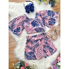 Conjunto Meninas Cropped Florido Rosa e Azul Casual Primavera