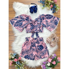 Conjunto Meninas Cropped Florido Rosa e Azul Casual Primavera