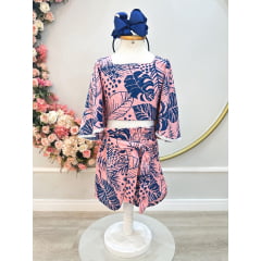Conjunto Meninas Cropped Florido Rosa e Azul Casual Primavera