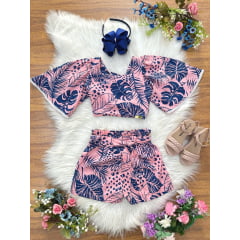 Conjunto Meninas Cropped Florido Rosa e Azul Casual Primavera