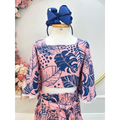 Conjunto Meninas Cropped Florido Rosa e Azul Casual Primavera