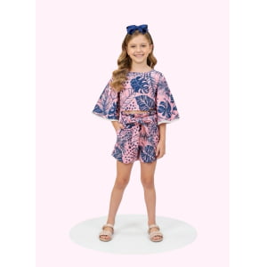 Conjunto Meninas Cropped Florido Rosa e Azul Casual Primavera