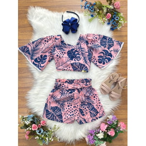 Conjunto Meninas Cropped Florido Rosa e Azul Casual Primavera
