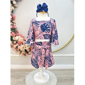 Conjunto Meninas Cropped Florido Rosa e Azul Casual Primavera