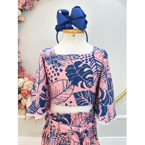 Conjunto Meninas Cropped Florido Rosa e Azul Casual Primavera