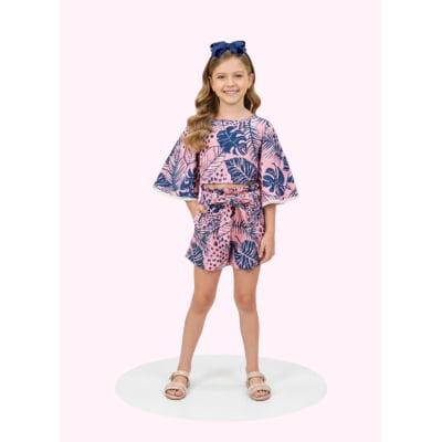Conjunto Meninas Cropped Florido Rosa e Azul Casual Primavera