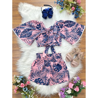 Conjunto Meninas Cropped Florido Rosa e Azul Casual Primavera
