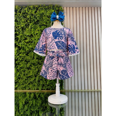 Conjunto Meninas Cropped Florido Rosa e Azul Casual Primavera