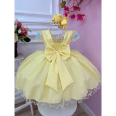 Vestido Infantil Amarelo Aplique Borboletas Flores Pérolas