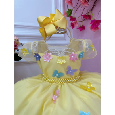 Vestido Infantil Amarelo Aplique Borboletas Flores Pérolas