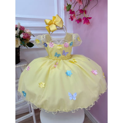 Vestido Infantil Amarelo Aplique Borboletas Flores Pérolas