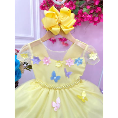 Vestido Infantil Amarelo Aplique Borboletas Flores Pérolas