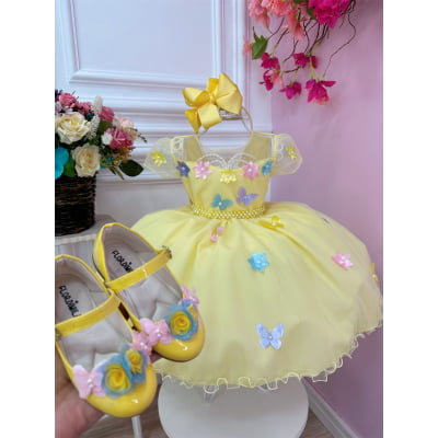Vestido Infantil Amarelo Aplique Borboletas Flores Pérolas