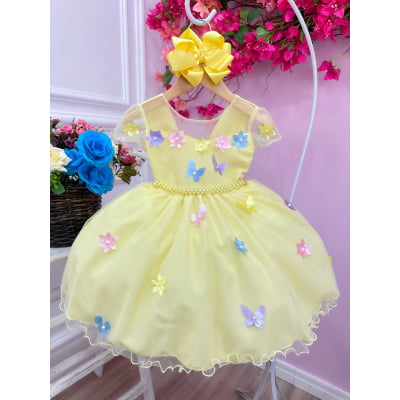 Vestido Infantil Amarelo Aplique Borboletas Flores Pérolas