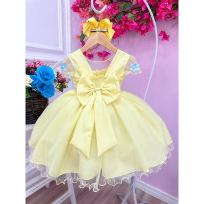 Vestido Infantil Amarelo Aplique Borboletas Flores Pérolas
