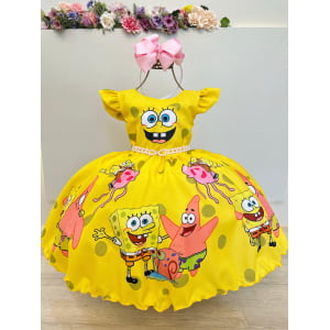 Vestido Infantil Amarelo Turma do Bob Esponja Festas