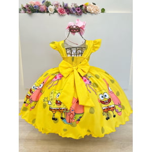 Vestido Infantil Amarelo Turma do Bob Esponja Festas
