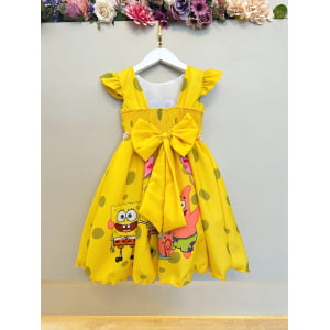 Vestido Infantil Amarelo Turma do Bob Esponja Festas