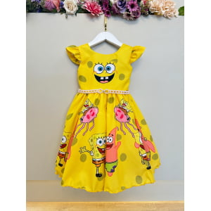 Vestido Infantil Amarelo Turma do Bob Esponja Festas