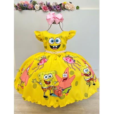 Vestido Infantil Amarelo Turma do Bob Esponja Festas
