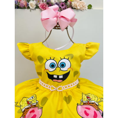Vestido Infantil Amarelo Turma do Bob Esponja Festas