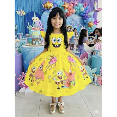 Vestido Infantil Amarelo Turma do Bob Esponja Festas