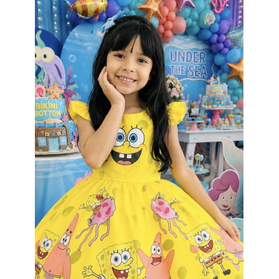 Vestido Infantil Amarelo Turma do Bob Esponja Festas
