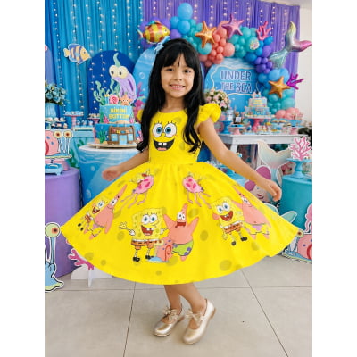 Vestido Infantil Amarelo Turma do Bob Esponja Festas