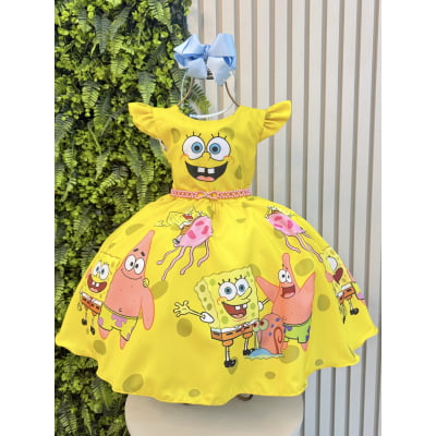 Vestido Infantil Amarelo Turma do Bob Esponja Festas