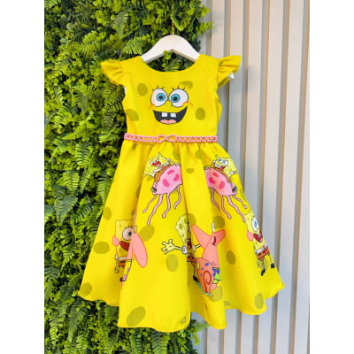 Vestido Infantil Amarelo Turma do Bob Esponja Festas