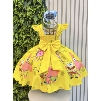 Vestido Infantil Amarelo Turma do Bob Esponja Festas