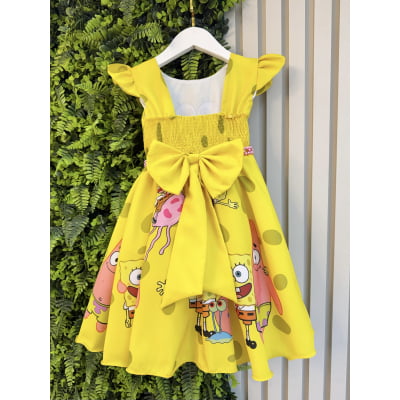 Vestido Infantil Amarelo Turma do Bob Esponja Festas