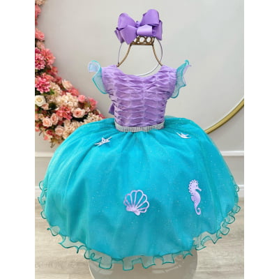 Vestido Infantil Ariel Busto Plissado Apliques Fundo do Mar Vestido Infantil Ariel Busto Plissado Apliques Fundo do Mar