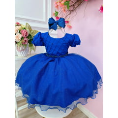 Vestido Infantil Azul Royal Busto Nervura C/ Pérolas Festas