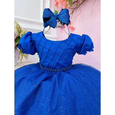 Vestido Infantil Azul Royal Busto Nervura C/ Pérolas Festas