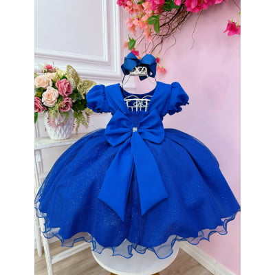 Vestido Infantil Azul Royal Busto Nervura C/ Pérolas Festas