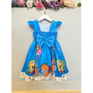 Vestido Infantil Azul Turma do Bob Esponja Festas