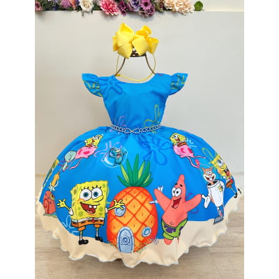 Vestido Infantil Azul Turma do Bob Esponja Festas