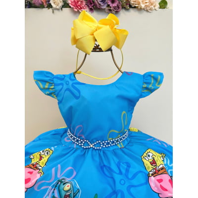 Vestido Infantil Azul Turma do Bob Esponja Festas