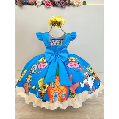 Vestido Infantil Azul Turma do Bob Esponja Festas