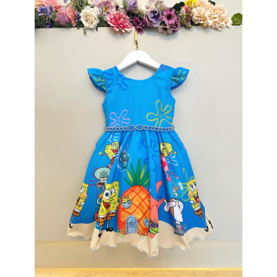 Vestido Infantil Azul Turma do Bob Esponja Festas